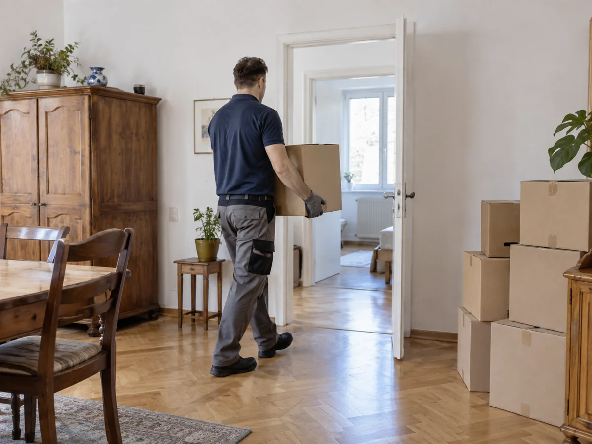 Mitarbeiter trägt einen Karton aus einer Wohnung – KI-Symbolbild