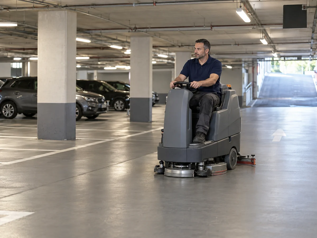 Maschinelle Bodenreinigung einer Tiefgarage – KI-Symbolbild