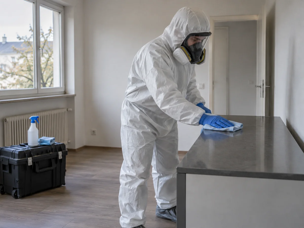 Reinigungskraft in Schutzkleidung bei der Oberflächenreinigung – KI-Symbolbild